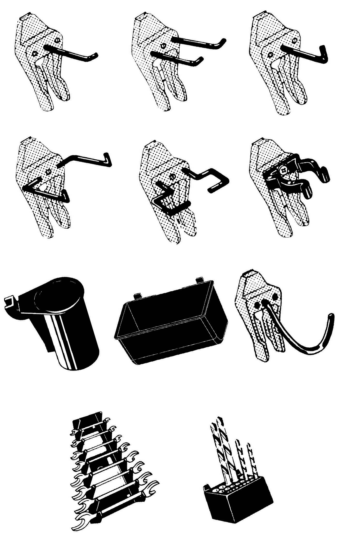 'Eight illustrations of pliers, an oil container, a box, spanners and drill bits. Depiction of various tools.'
