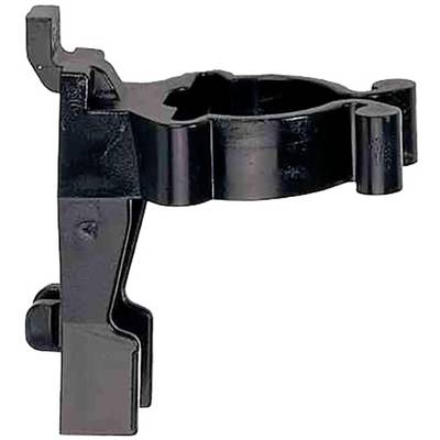 A black plastic holder with a circular opening and side clips, suitable for mounting pipes or cables on the wall.