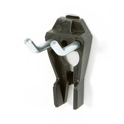 A black plastic coat hook with two metal hooks, mounted on a white wall.