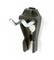 A black plastic coat hook with two metal hooks, mounted on a white wall.