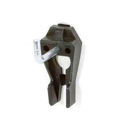 A black screw holder with a protruding silver hook, used for fastening or hanging objects.