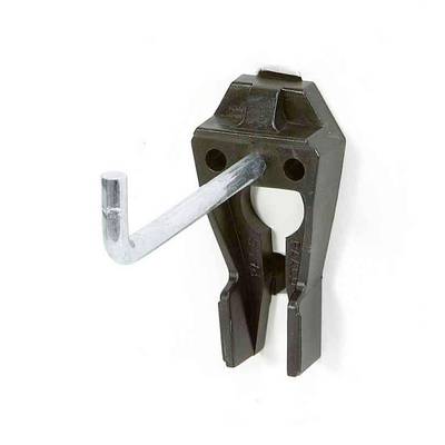 A metal hook is mounted on a black bracket. The bracket has two round openings and is suitable for wall mounting.