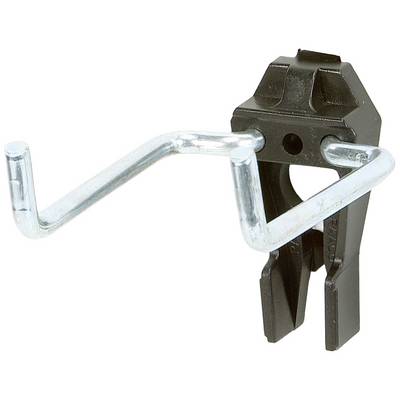 Hooks with black plastic mounting bracket and two curved metal arms for attachment to a tool wall.