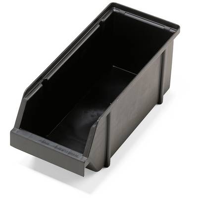 Black, rectangular plastic container with a bevelled front edge. Suitable for storing or organising small items.