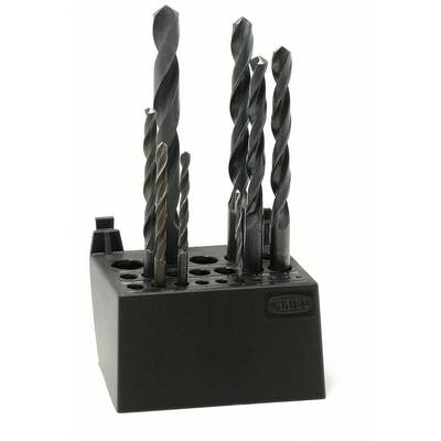 A set of drill bits in various sizes in a black holder, arranged vertically.