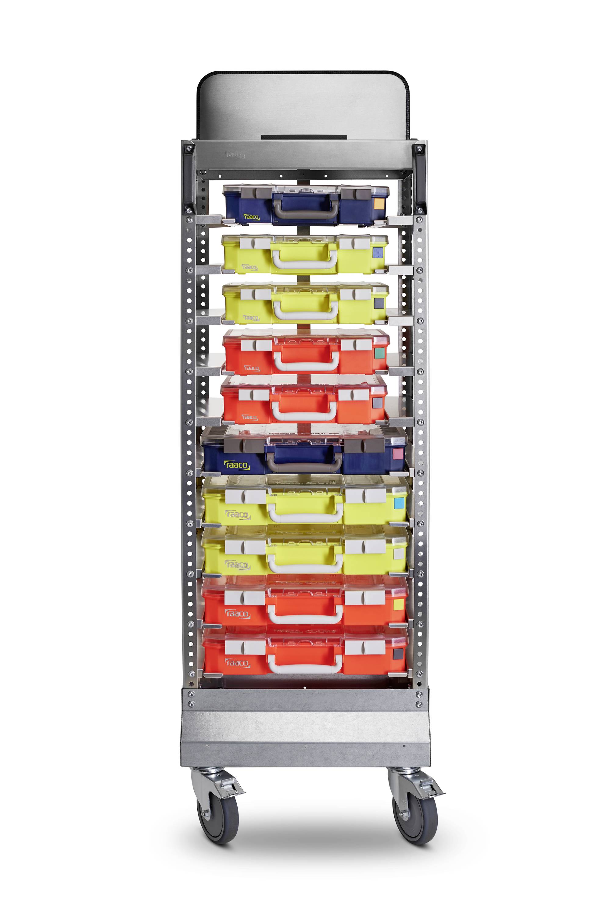 A tall metal trolley with several coloured plastic boxes in various sizes, mounted on sturdy wheels.