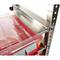 A metal shelving unit with drawers made of transparent and red plastic for storing and organising items.