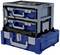 A stackable tool case made of robust plastic with two blue drawers and a handle; side locking mechanism.