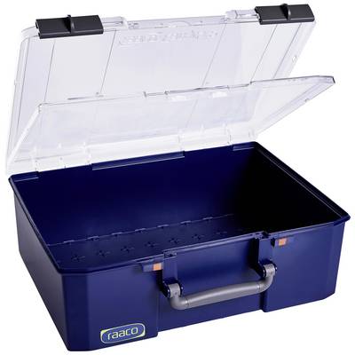 A blue toolbox with a transparent lid, partially open, reveals an empty interior. Handle at the front and 'raaco' logo in the bottom left.