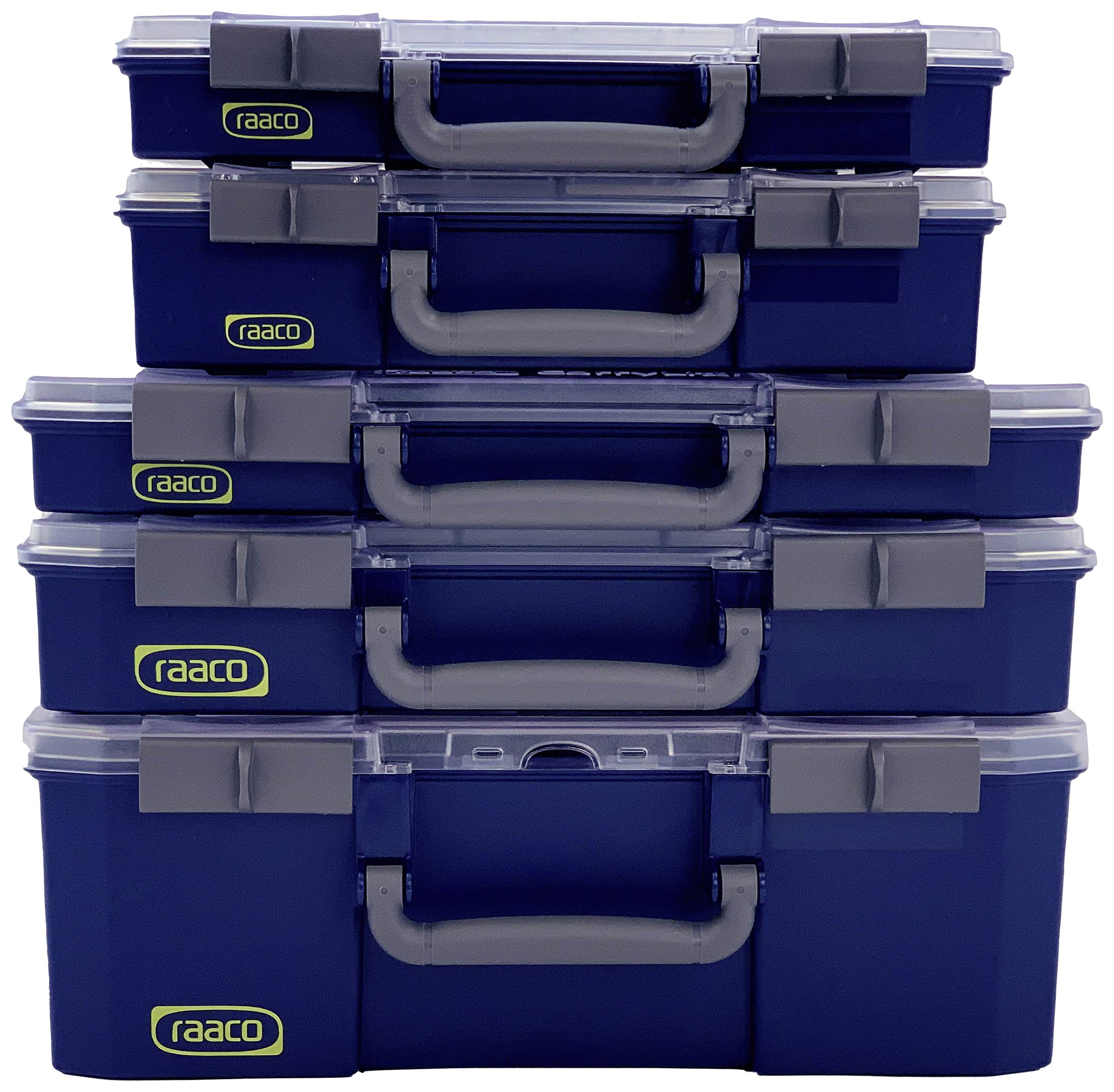 Five stacked blue toolboxes with grey handles and 'raaco' logo on the side. Suitable for storing various tools.