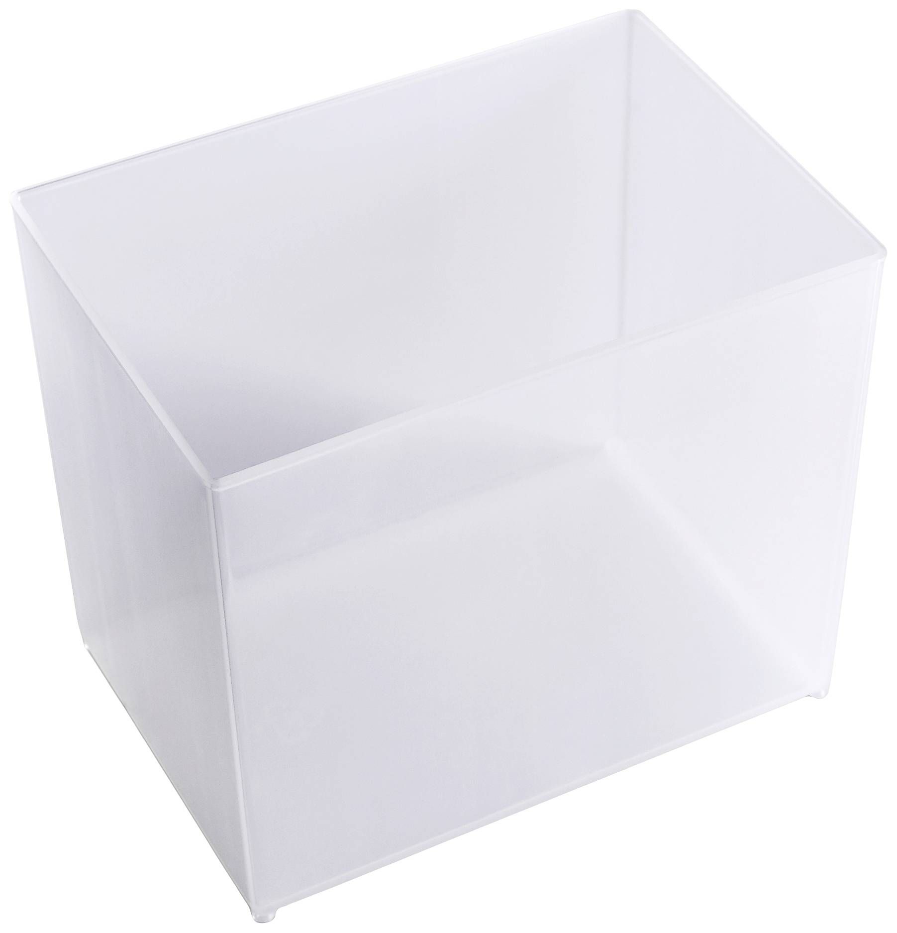 Clear, rectangular plastic storage container, empty and transparent, on a white background.