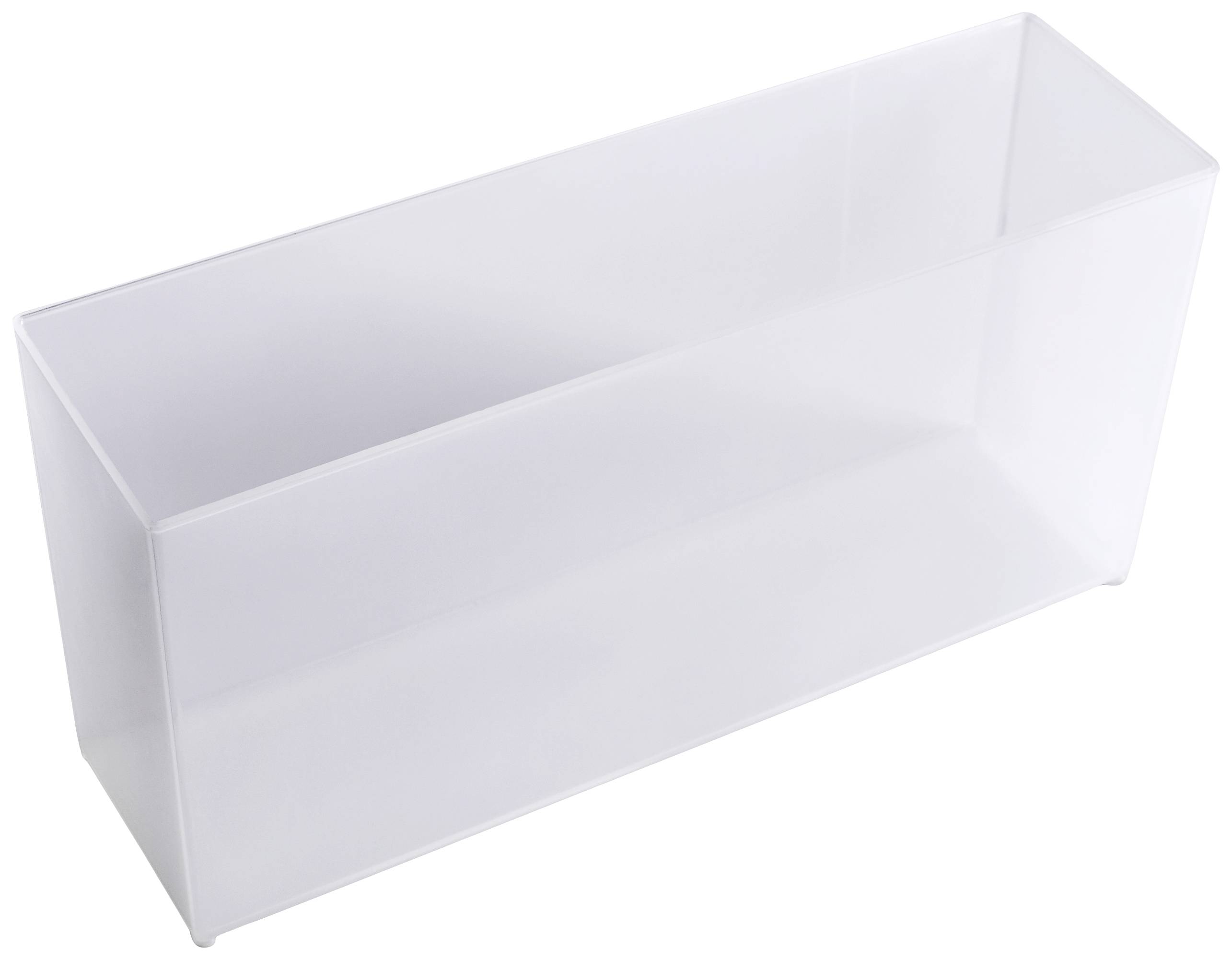 Transparent rectangular and oblong plastic container, suitable for storing small items or organising workspaces.