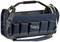 The image shows a navy blue tool bag with a carry handle and shoulder strap. The 'raaco' logo is visible on the side of the bag.