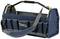 Portable tool bag with an open design, 'raaco' brand, blue fabric with grey shoulder strap and multiple external pockets.