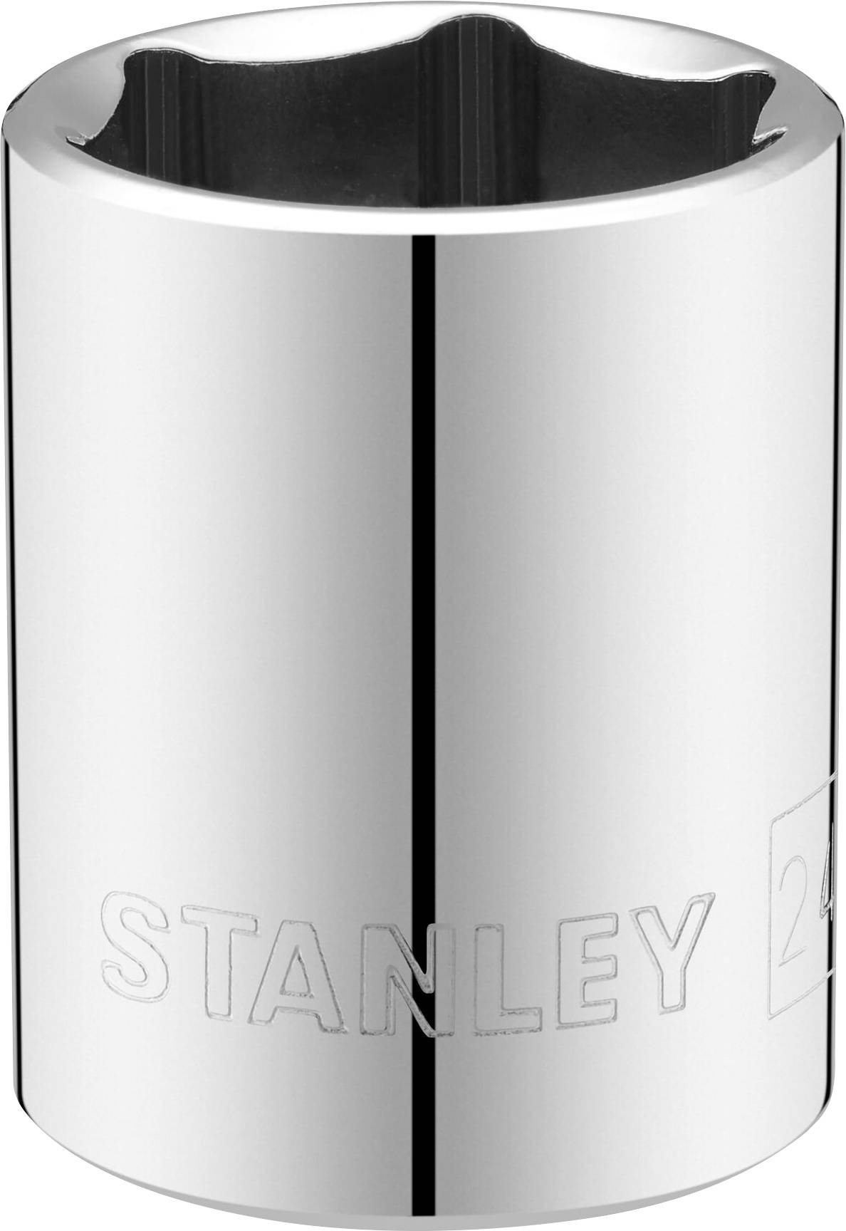 Chrome-coloured socket with engraved 'STANLEY' and the number '24', reflects light. Used for screw work.<br><br>Chrome-coloured socket with an engraved 'STANLEY' and the number '24' that reflects light. It is used for screw-related tasks.