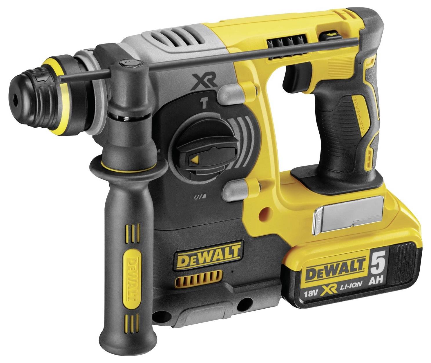 A yellow and grey cordless hammer drill with an ergonomic handle and an 18V Li-Ion battery, suitable for heavy-duty drilling work.