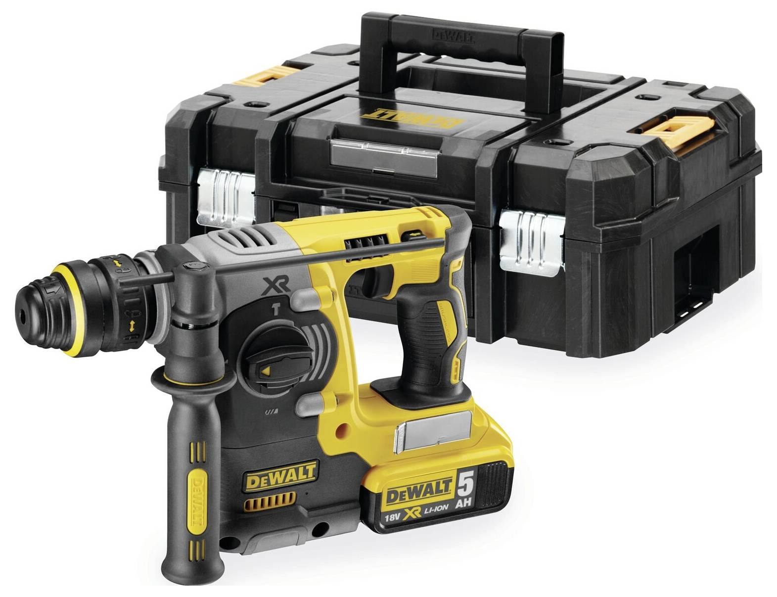 A yellow and black cordless hammer drill with a hard-carrying case in the background, perfect for construction and renovation work.