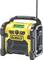 A portable, robust yellow construction site radio with an integrated antenna and digital display. Shows the 'Dewalt' logo.