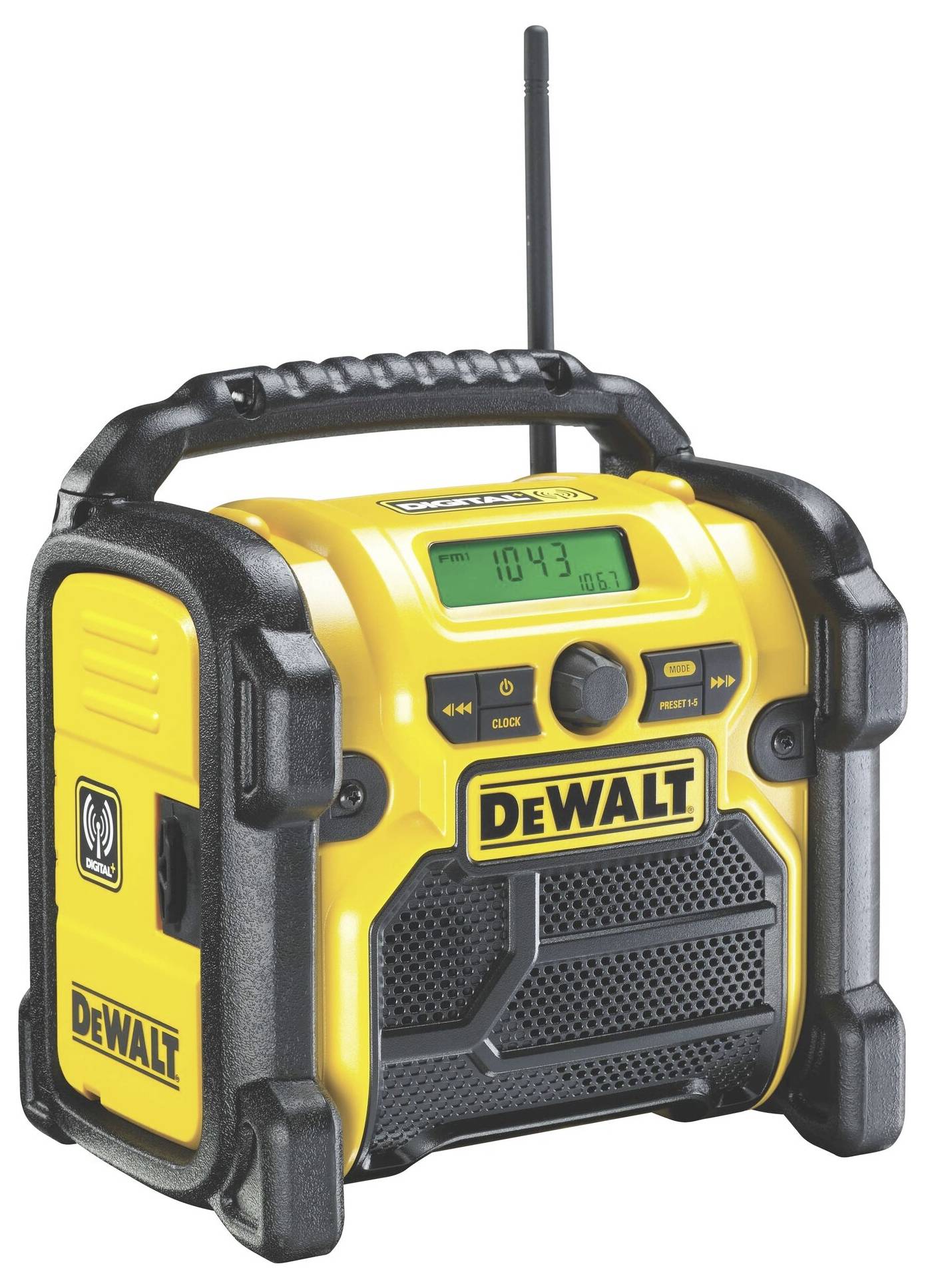 Yellow portable radio with a robust casing and black protective frame, 'DEWALT' brand, displaying the time 10:43 on its digital display.