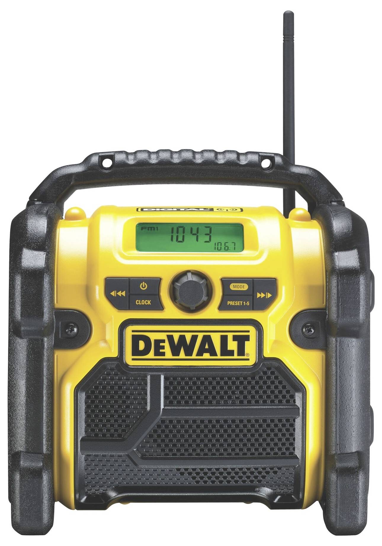 Compact, yellow construction site radio with black and yellow accents, LCD display showing '10:43', DeWalt brand visible, robust design.