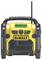 Compact, yellow construction site radio with black and yellow accents, LCD display showing '10:43', DeWalt brand visible, robust design.