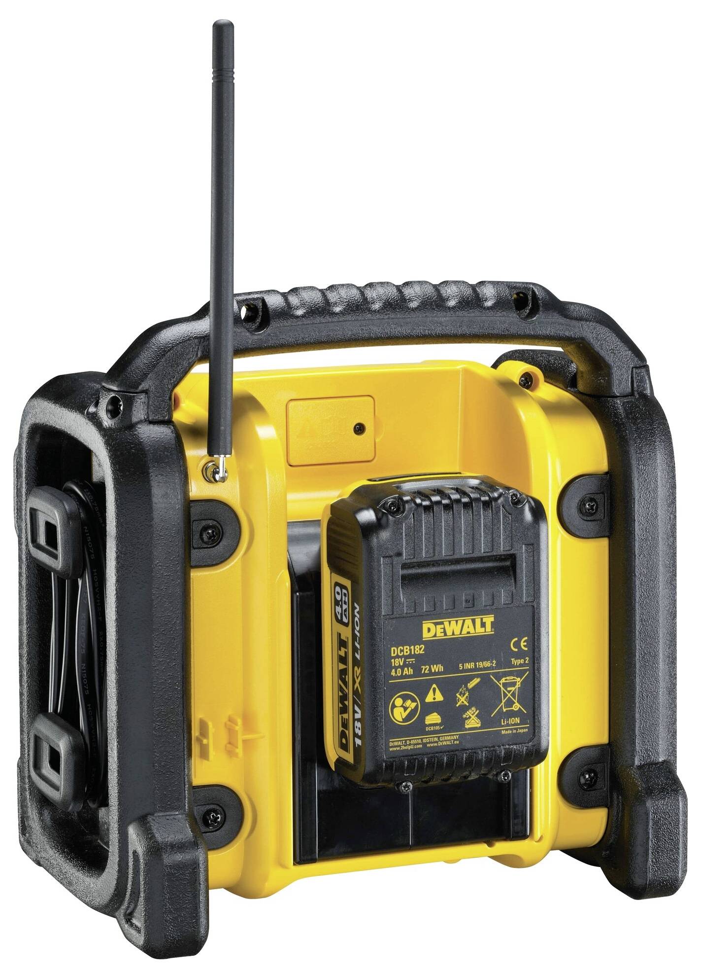 Portable yellow and black construction site radio with a long antenna and robust casing. Battery visibly mounted on the back.