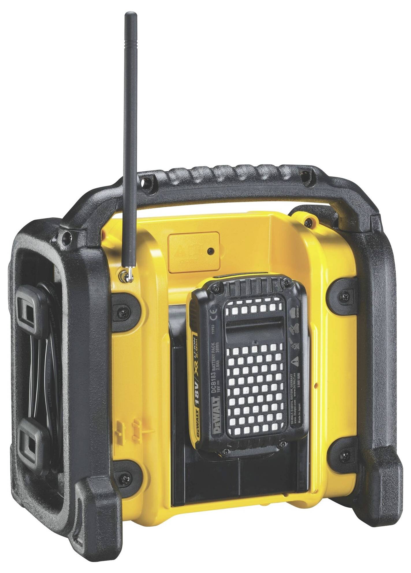 Yellow portable construction site radio with a black casing and antenna. Includes rear view and battery compartment.