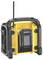 Yellow portable construction site radio with a black casing and antenna. Includes rear view and battery compartment.