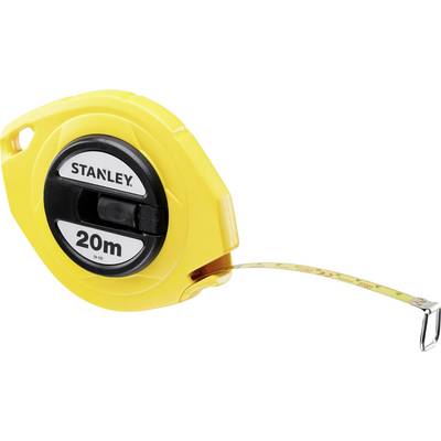 Yellow measuring tape with 'STANLEY 20m' printed on it, partially extended, for measuring lengths up to 20 metres.