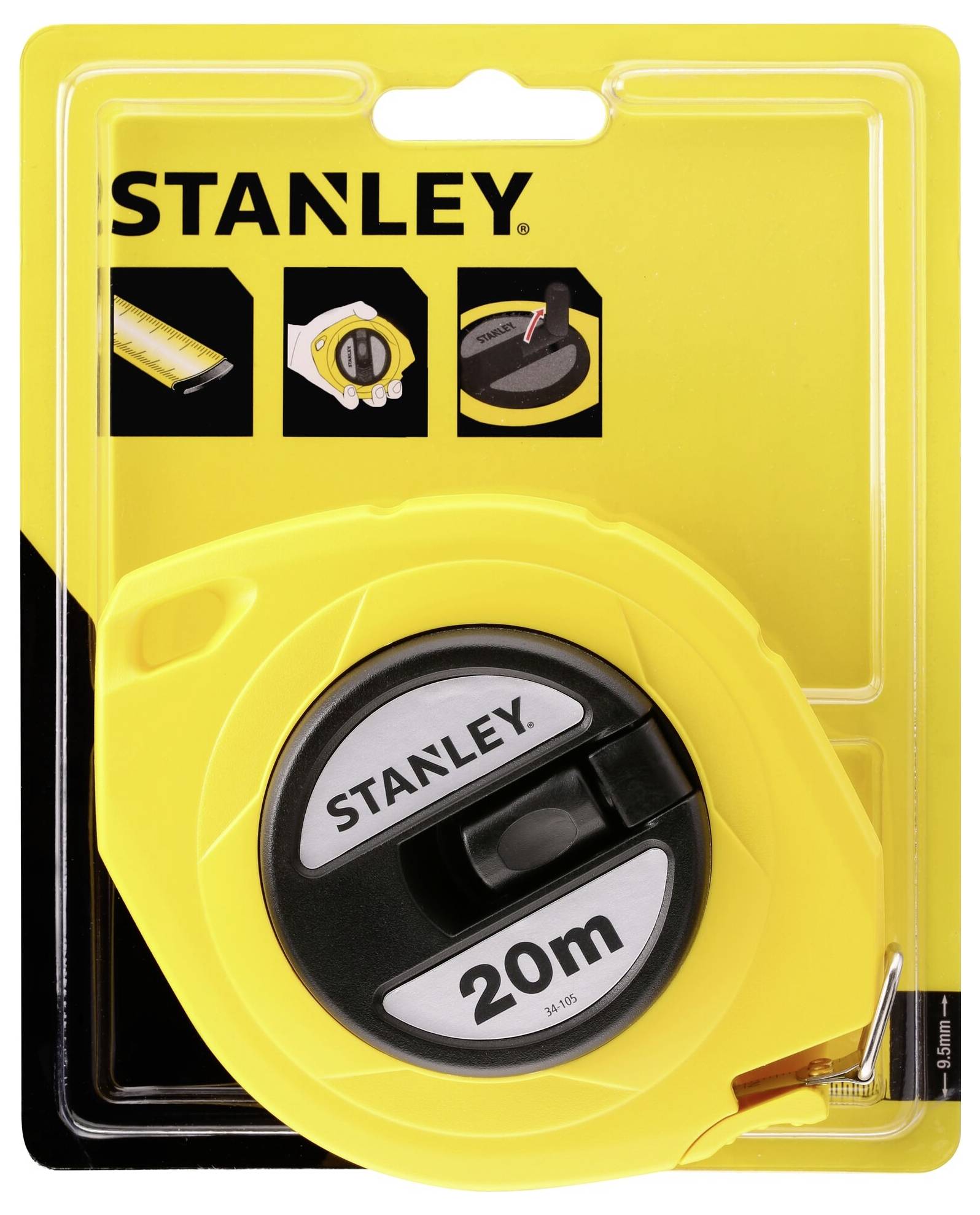 Yellow 'Stanley' measuring tape in packaging, 20m length. Four illustrations at the top demonstrate usage instructions. Packaging emphasises yellow and black design.