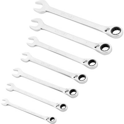 Six ring spanners of varying sizes made from metal, arranged from small to large. They are used for tightening or loosening bolts.