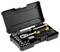 An open tool case with a ratchet, bits and sockets. The handles are black and yellow. Suitable for repair work.