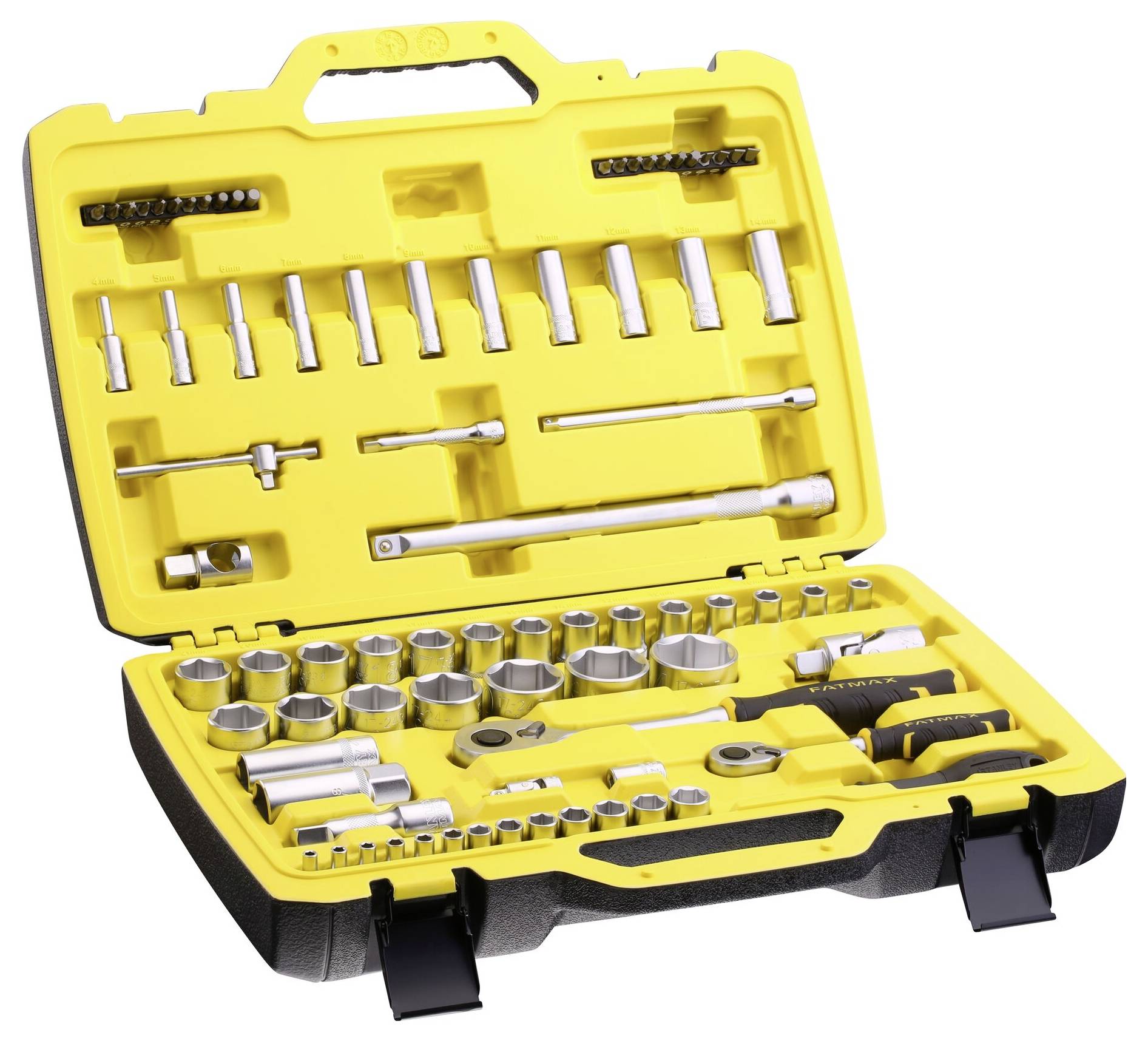'A yellow toolbox with various socket wrenches and screwdrivers, opened and viewed from an angled overhead perspective.'