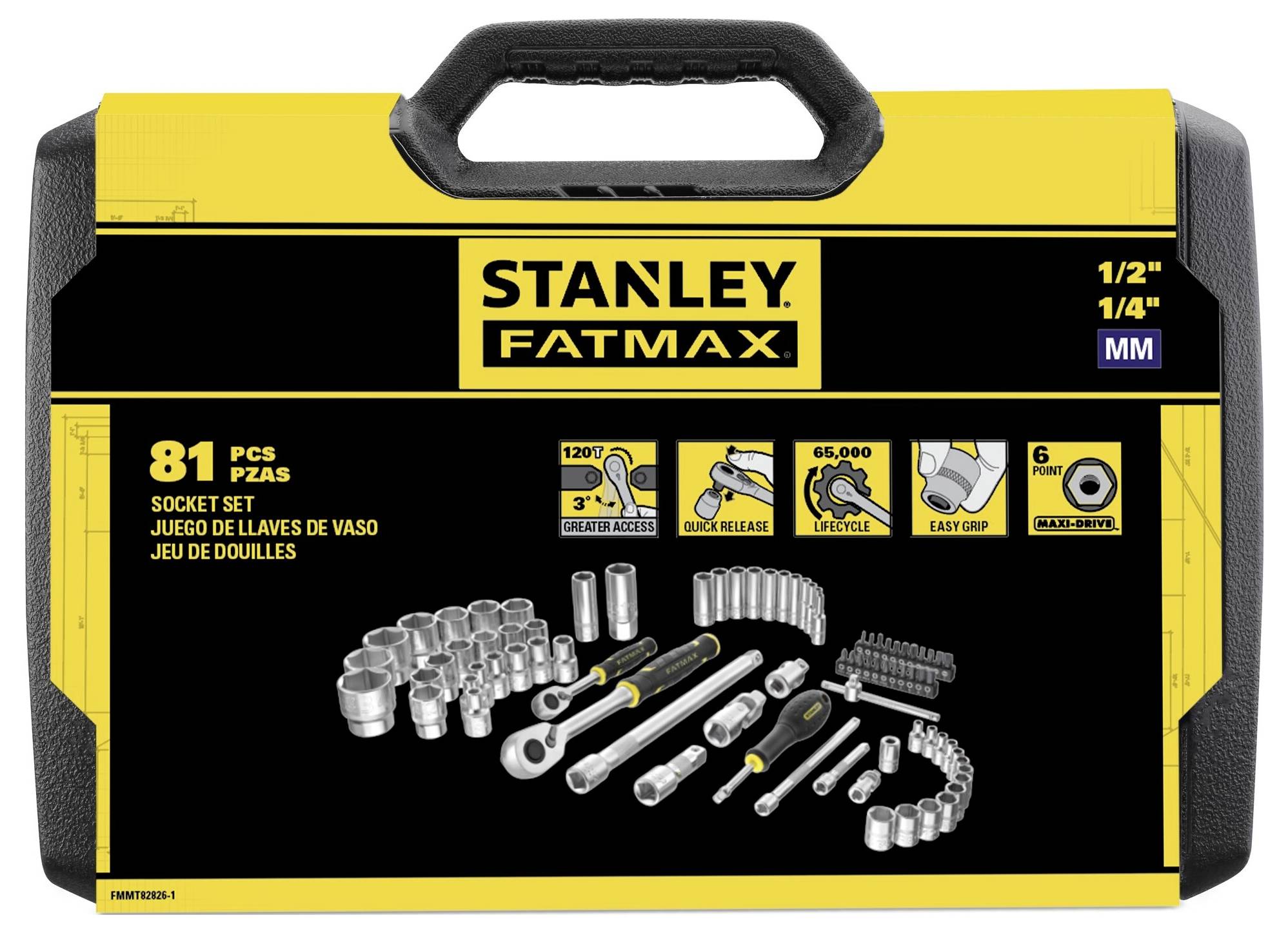 'Stanley Fatmax Socket Set, 81 Pieces. Includes various sockets and accessories. Sizes 1/2" and 1/4".'