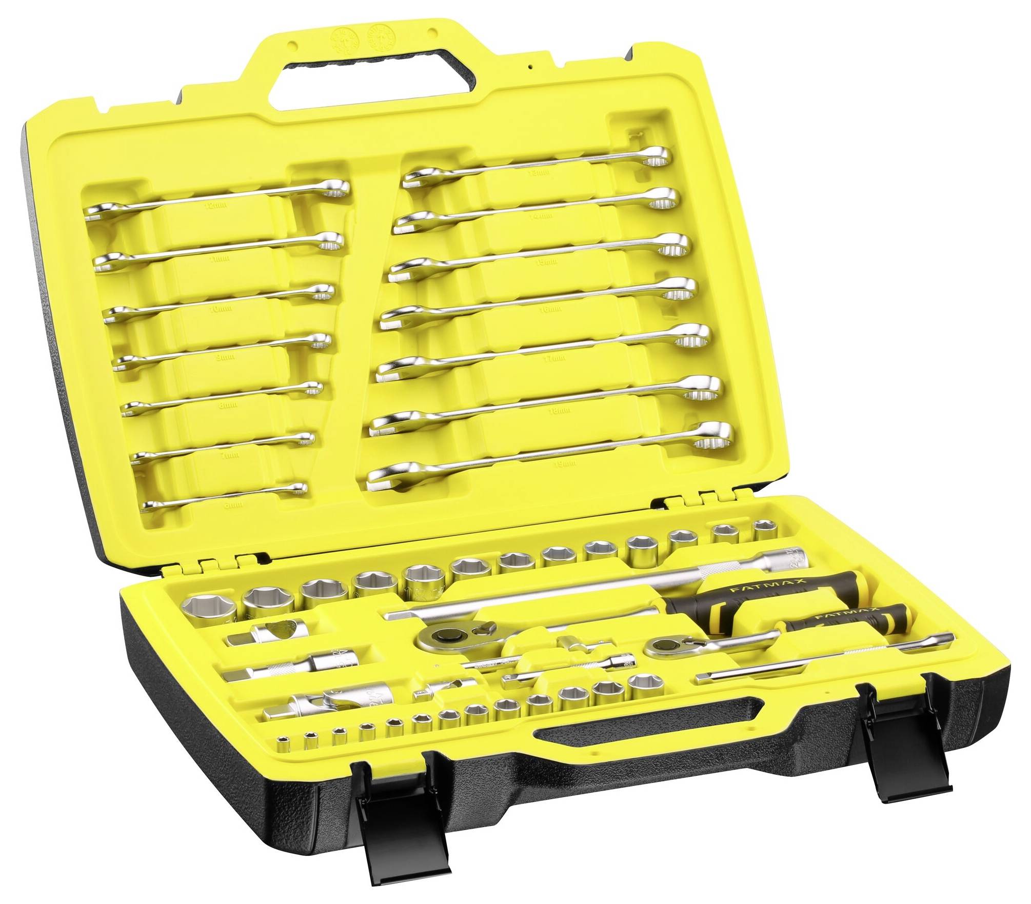 An open yellow toolbox with various spanners and ratchet modules, neatly arranged.
