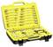 An open yellow toolbox with various spanners and ratchet modules, neatly arranged.