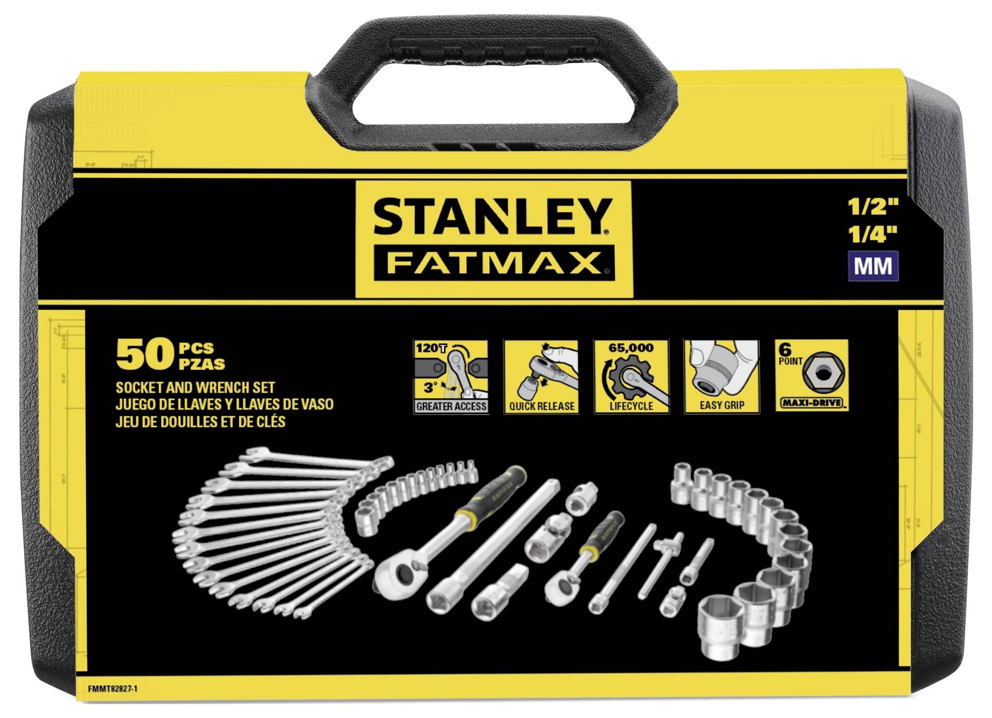 Stanley Fatmax tool case, containing a 50-piece socket and spanner set; sizes: 1/2" and 1/4" metric.
