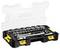 A ratchet set with various socket sizes and extensions in a black case with yellow locks.