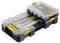 Transport box with a transparent lid and yellow fasteners, stackable, ideal for storing tools or small parts.