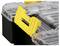 A large transparent plastic container with a yellow handle, suitable for transporting or storing tools.