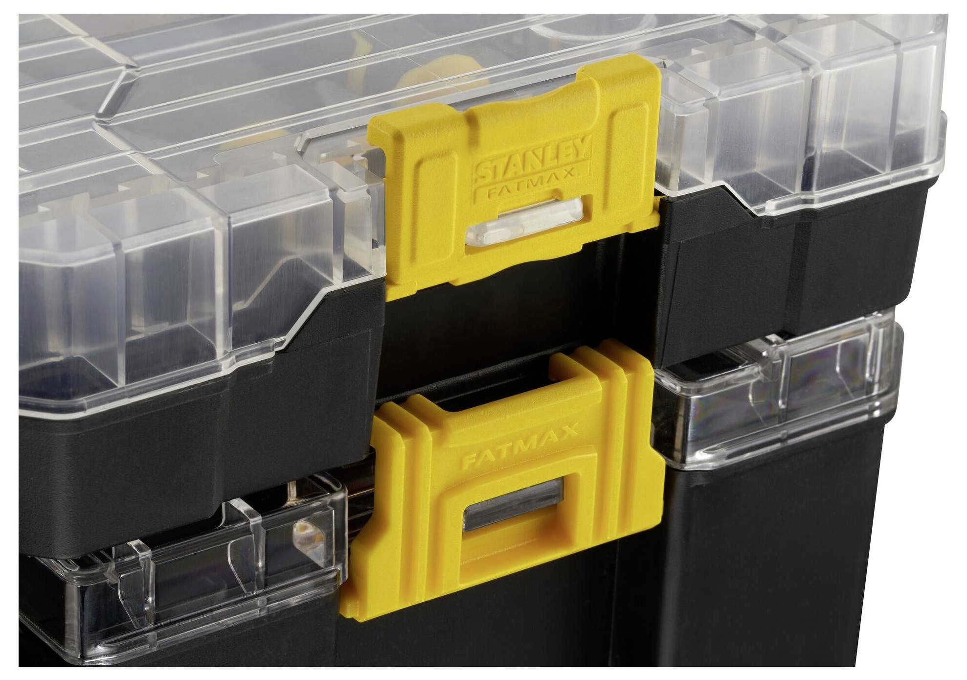 A black tool case with yellow locks and clear compartments on top.