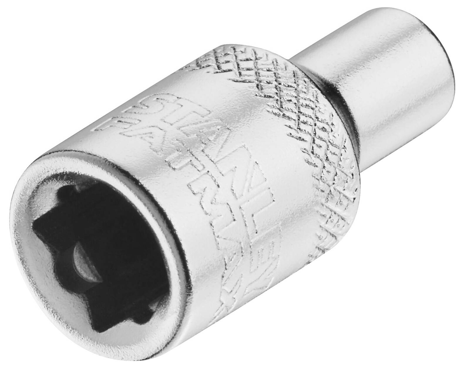 Metal socket adaptor, cylindrical in shape with a non-slip cross-textured handle.