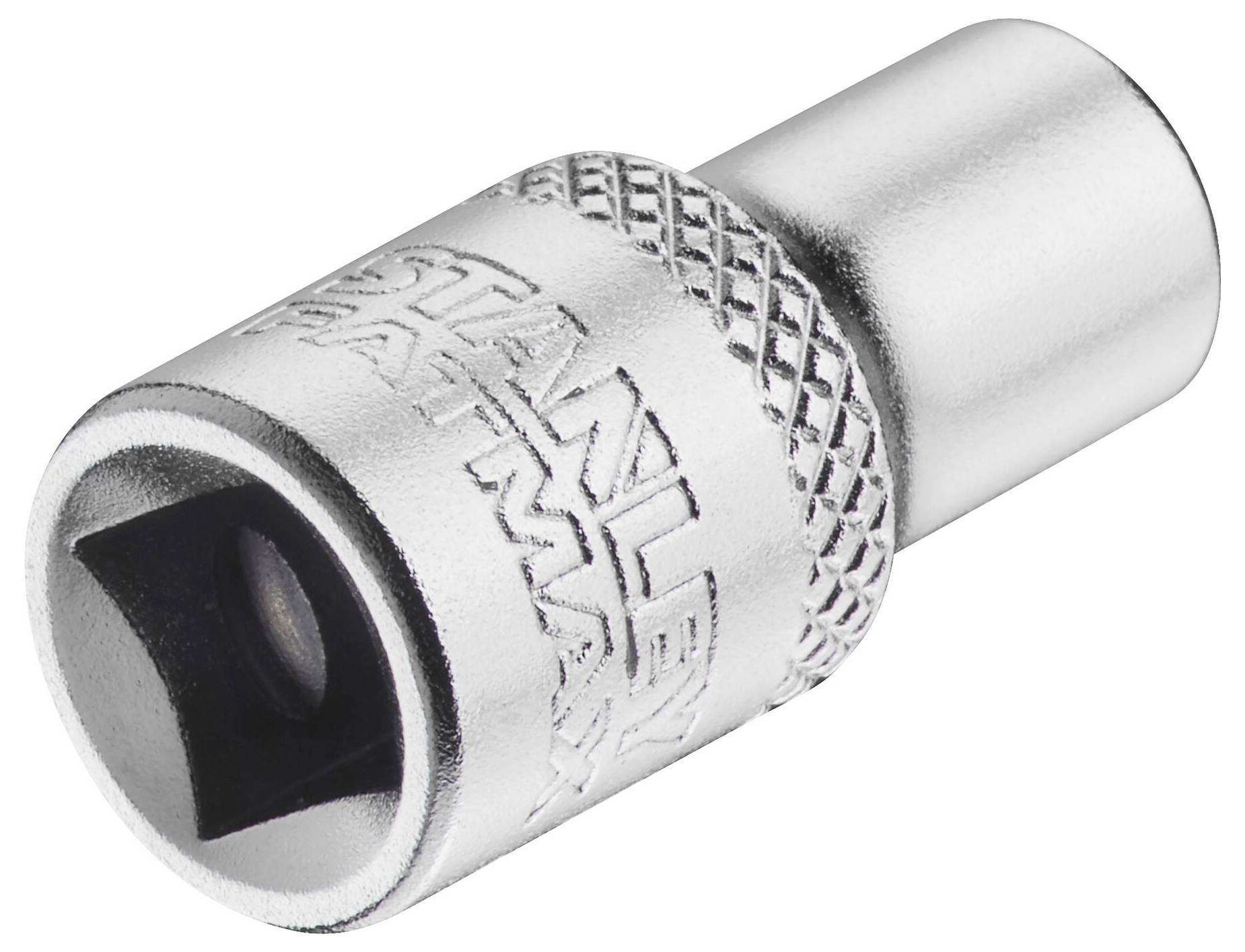 Socket drive with knurled handle, engraved logo, and square drive; silver-coloured and suitable for screwdrivers.