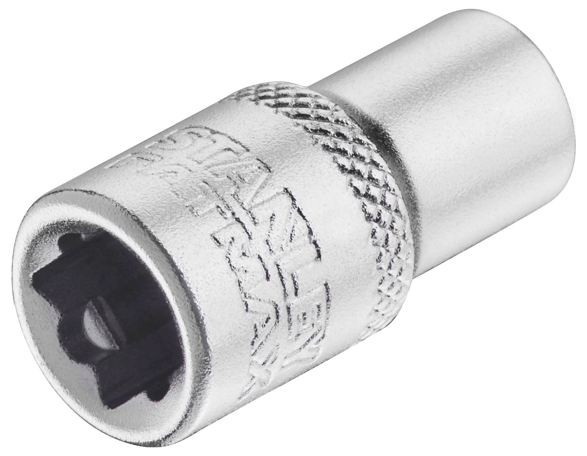 Metal socket adaptor with knurled surface and square drive head, suitable for ratchets and spanners.