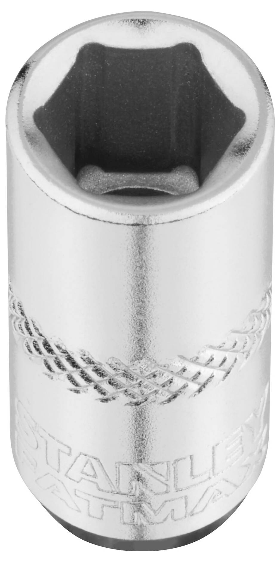 Metal hexagonal socket wrench insert with 'Stanley' inscription. Used for screw connections.