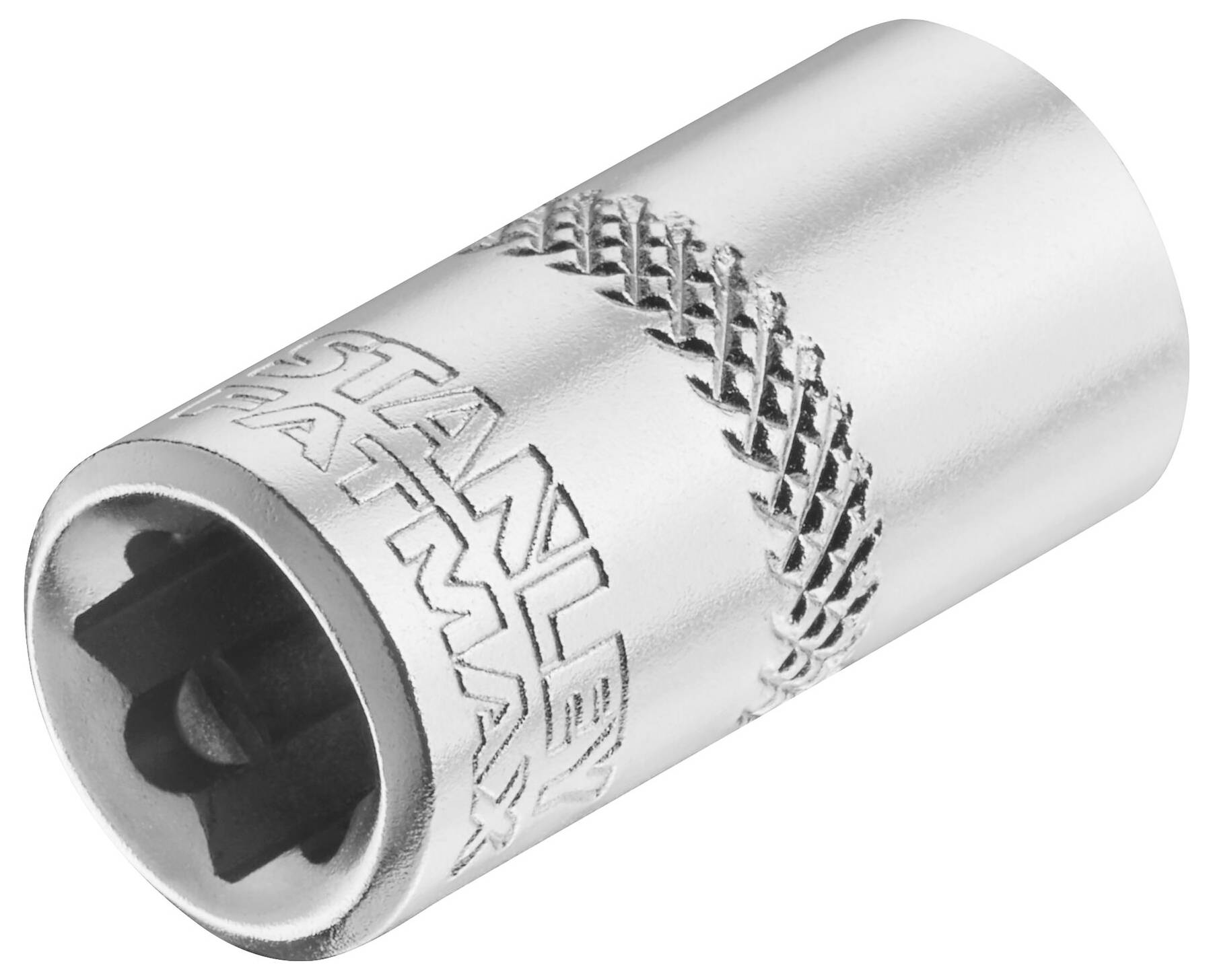 Silver steel nut with 'Stanley FatMax' engraving; cylindrical shape, suitable for mechanical work and ratchets.