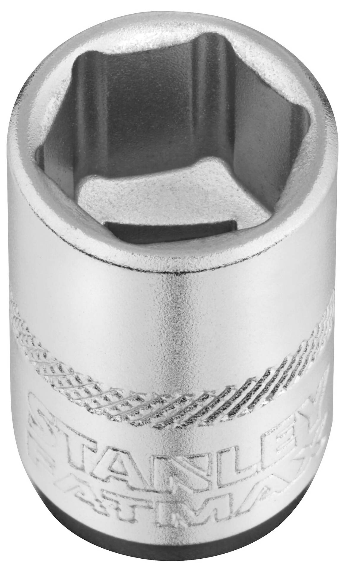 Metal socket with hexagonal opening, shiny surface and engraved text 'STANLEY FATMAX'.