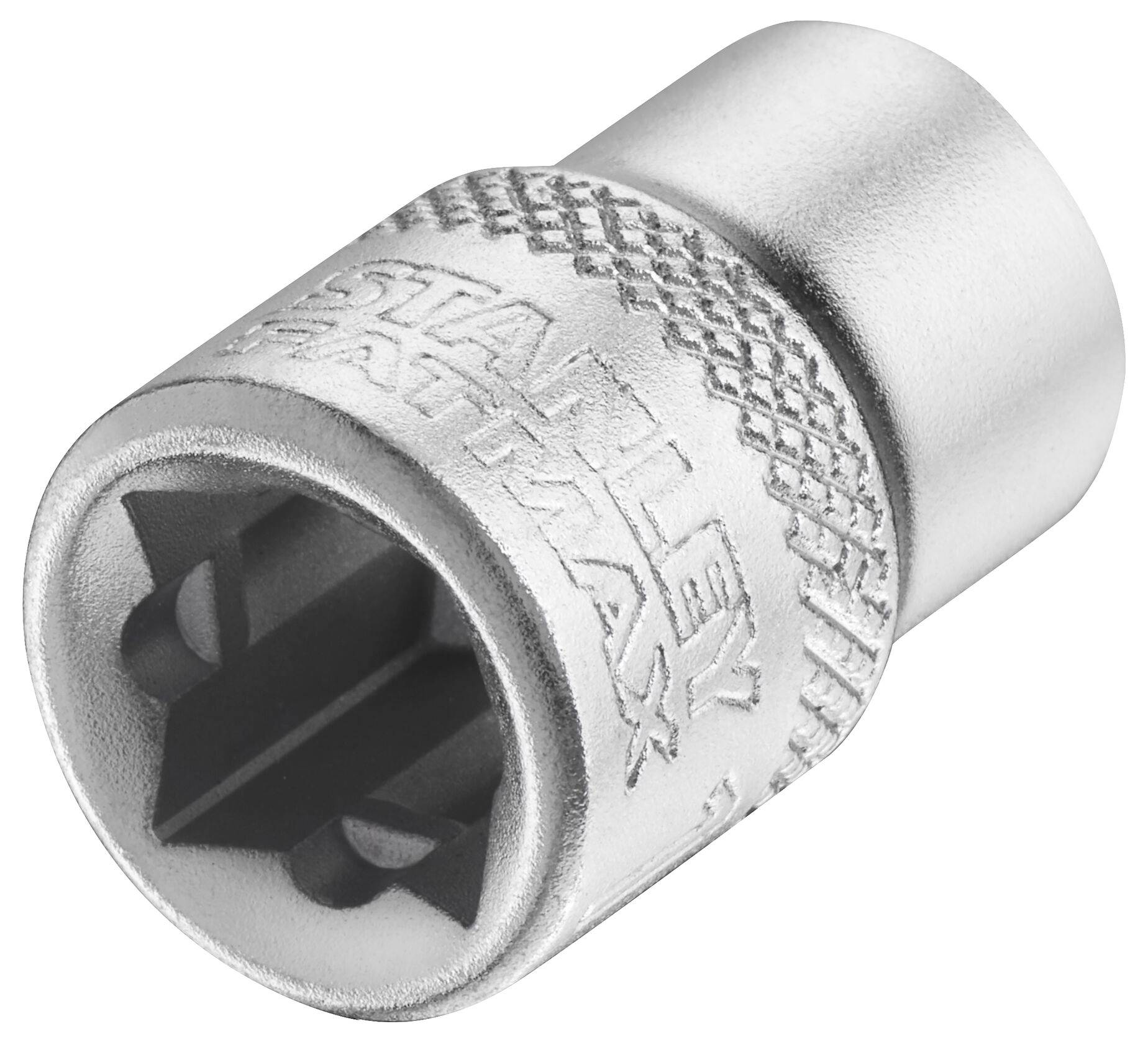 Metal hexagon-headed screw with engraved brand name and knurled grip, used for repair or assembly purposes.