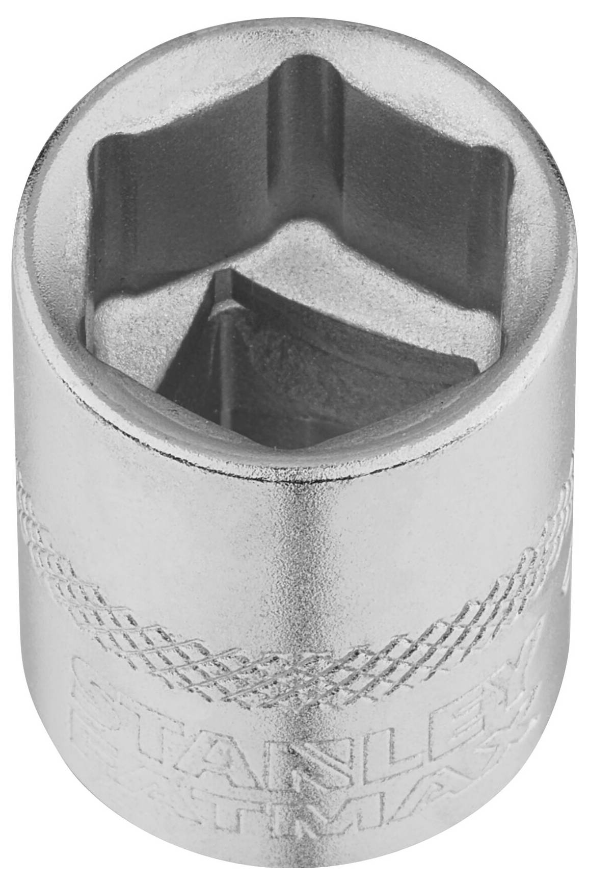 A silver-coloured metal socket key attachment with a hexagonal opening and grooves for improved grip, suitable for screws.