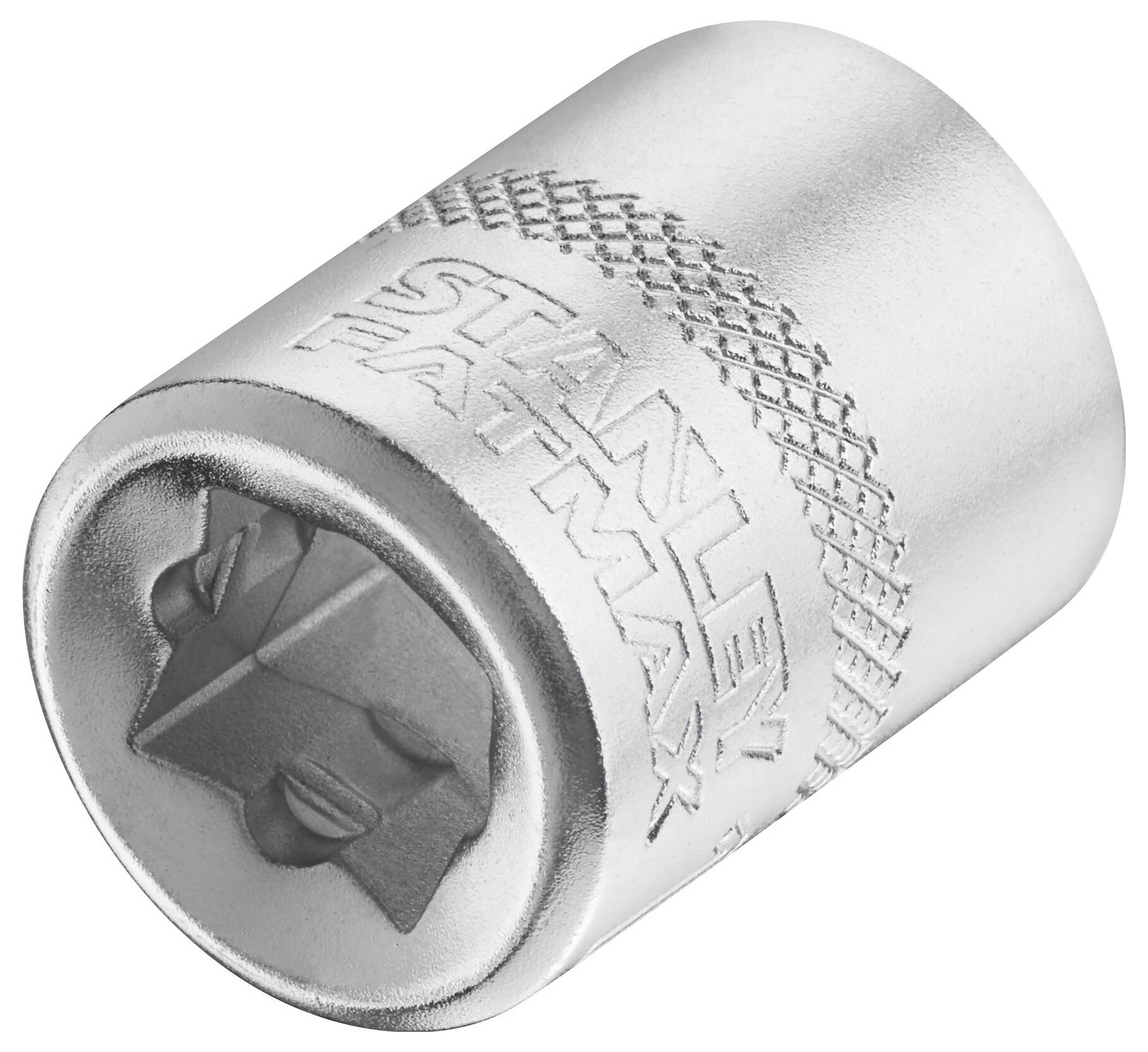 Metal hexagon socket with 'STANLEY FATMAX' label on the side. Used for screw work in workshops.